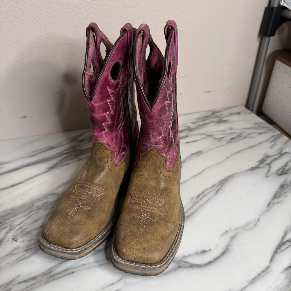 Shyanne Girls Pink & Brown Leather Western Boots Size 3 Cowgirl Boho Ranch Rodeo